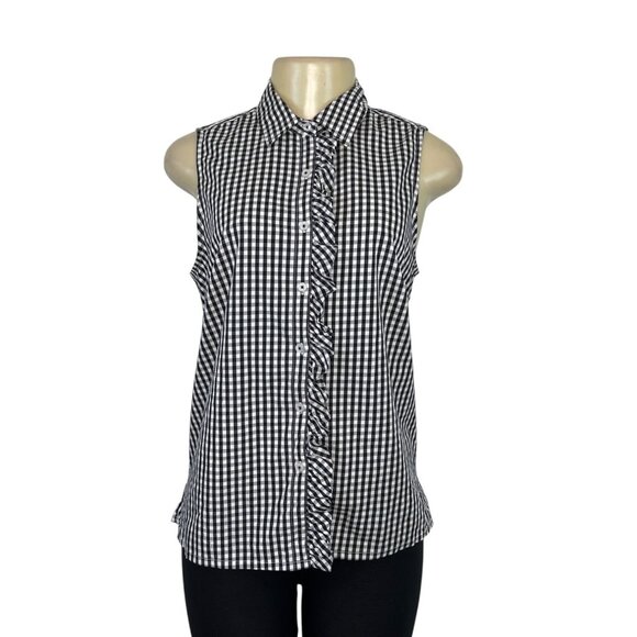 Izod Black & White Gingham Sleeveless Button-Up Top With Ruffle Front Sz SP - Picture 1 of 6